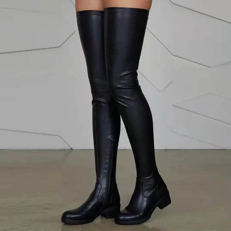 European Platform Zipper High Heels Leather Long Boots