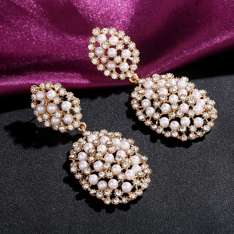 Gold Bridal Drop Simulated Pearl Crystal Statement Earrings