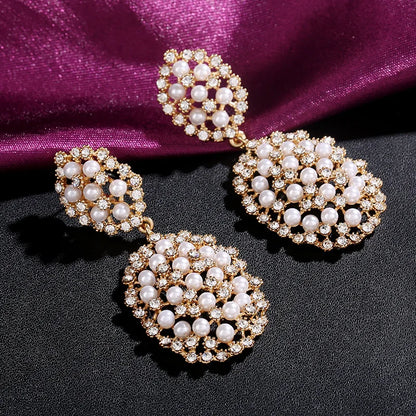 Gold Bridal Drop Simulated Pearl Crystal Statement Earrings