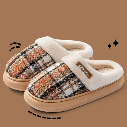 Winter Warm Fur Stripe Non Slip Comfort Flat Heel Slippers