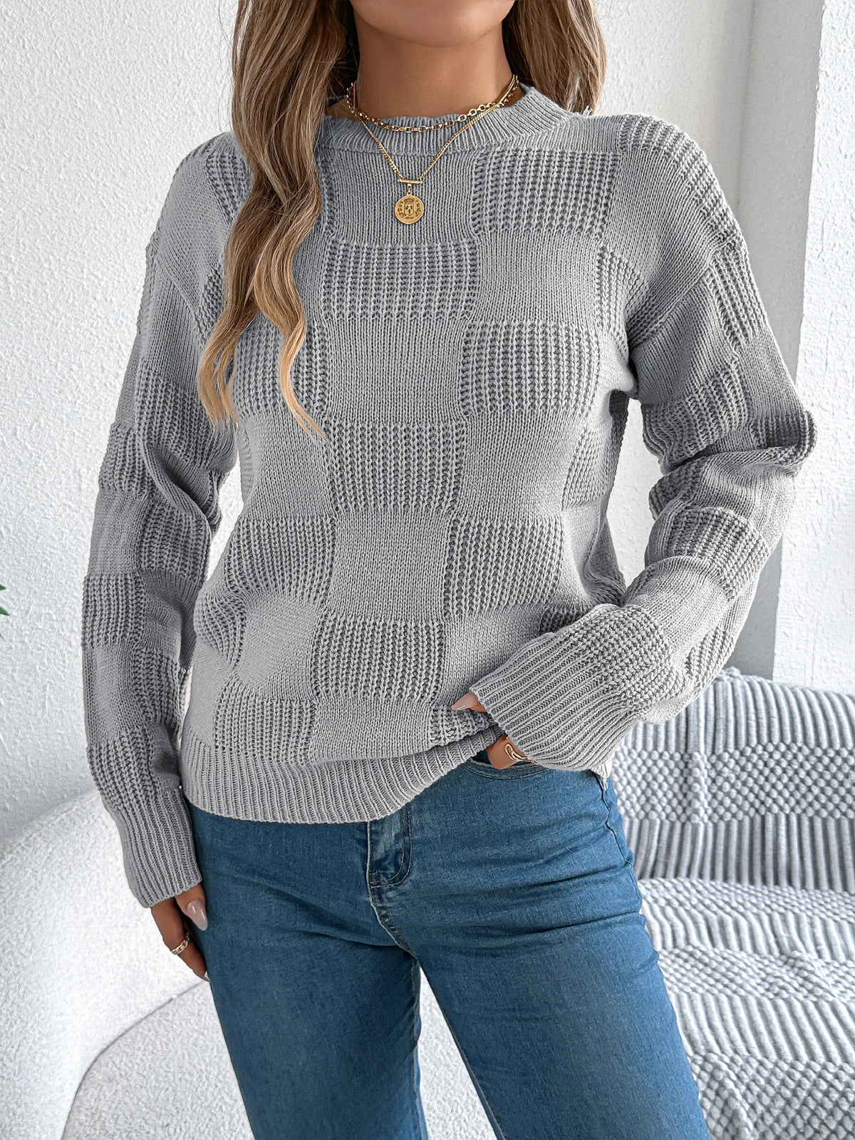 Solid Plaid Round Neck Long Sleeve Knit Cozy Sweaters