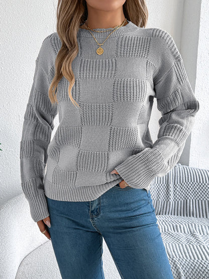 Solid Plaid Round Neck Long Sleeve Knit Cozy Sweaters
