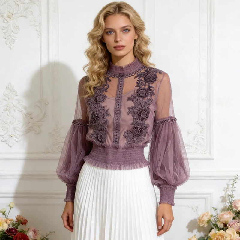 Vintage Lace Sweet Flower Perspective Mesh Lantern Sleeve Shirts