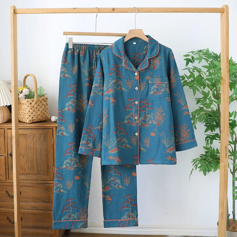 Suit Long-sleeved Trousers 100% Cotton Crepe Flower Leaves Pajama Sets