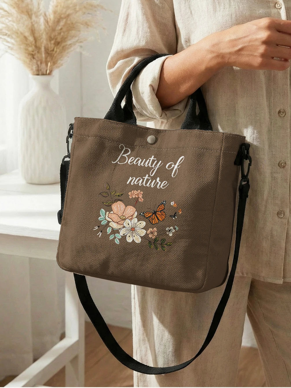 Floral Butterfly Letter Print Brown Canvas Tote Bag