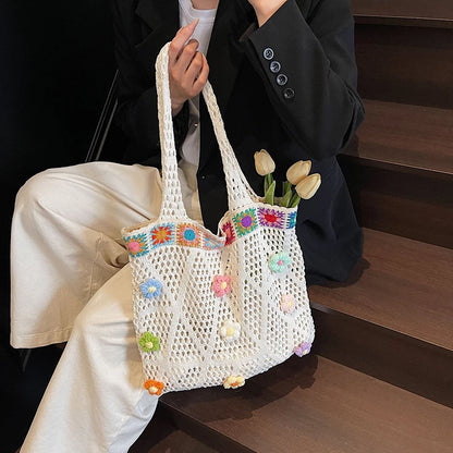Flower Beach Tote Colorful Beads Floral Trim Natural Straw Crochet Shoulder Bag