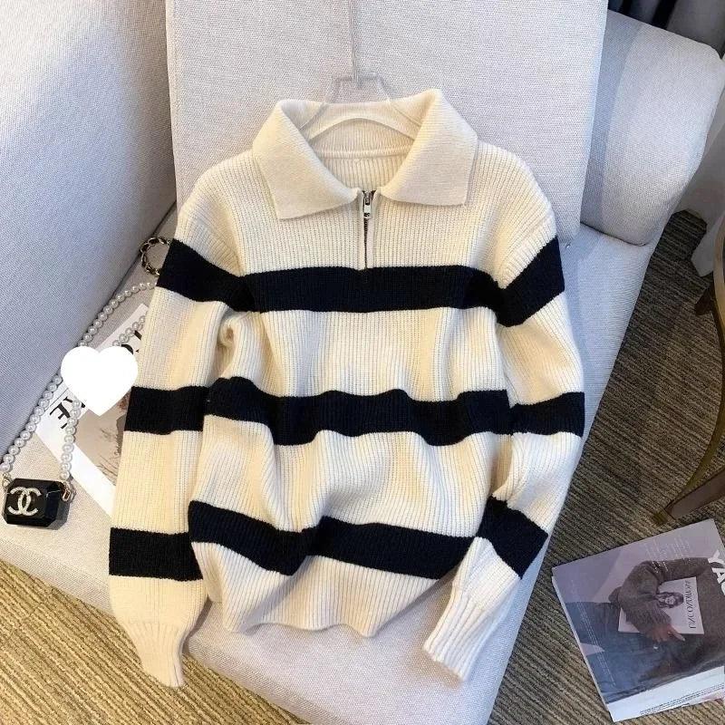 Loose Polo Neck Striped Korean Style Sweater