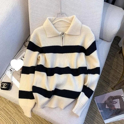 Loose Polo Neck Striped Korean Style Sweater