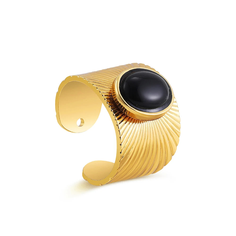Creative Gold Plated Stainless Steel Simple Geometric Round Natural Stone Ring