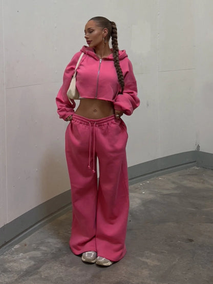 Zip-up Cropped Sweatshirt and Long Pants Casual Hoodies Sweatpants Set