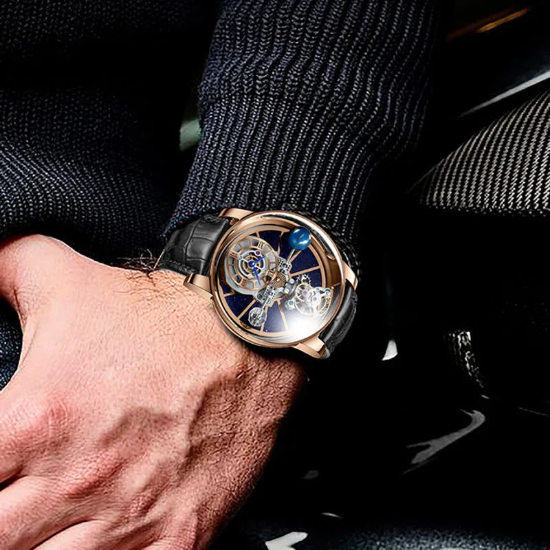 Celestial Starry Sky Curved Glass Transparent Waterproof Leather Watch