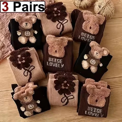 3 أزواج من الجوارب الأنبوبية متوسطة الطول بنقشة دب كرتوني