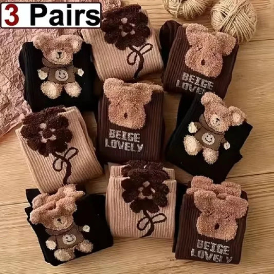 3 أزواج من الجوارب الأنبوبية متوسطة الطول بنقشة دب كرتوني