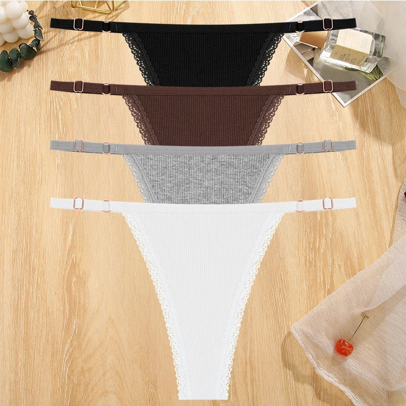 4Pc G-String Cotton Lace Thongs Lingerie Low Rise Straps Hipster