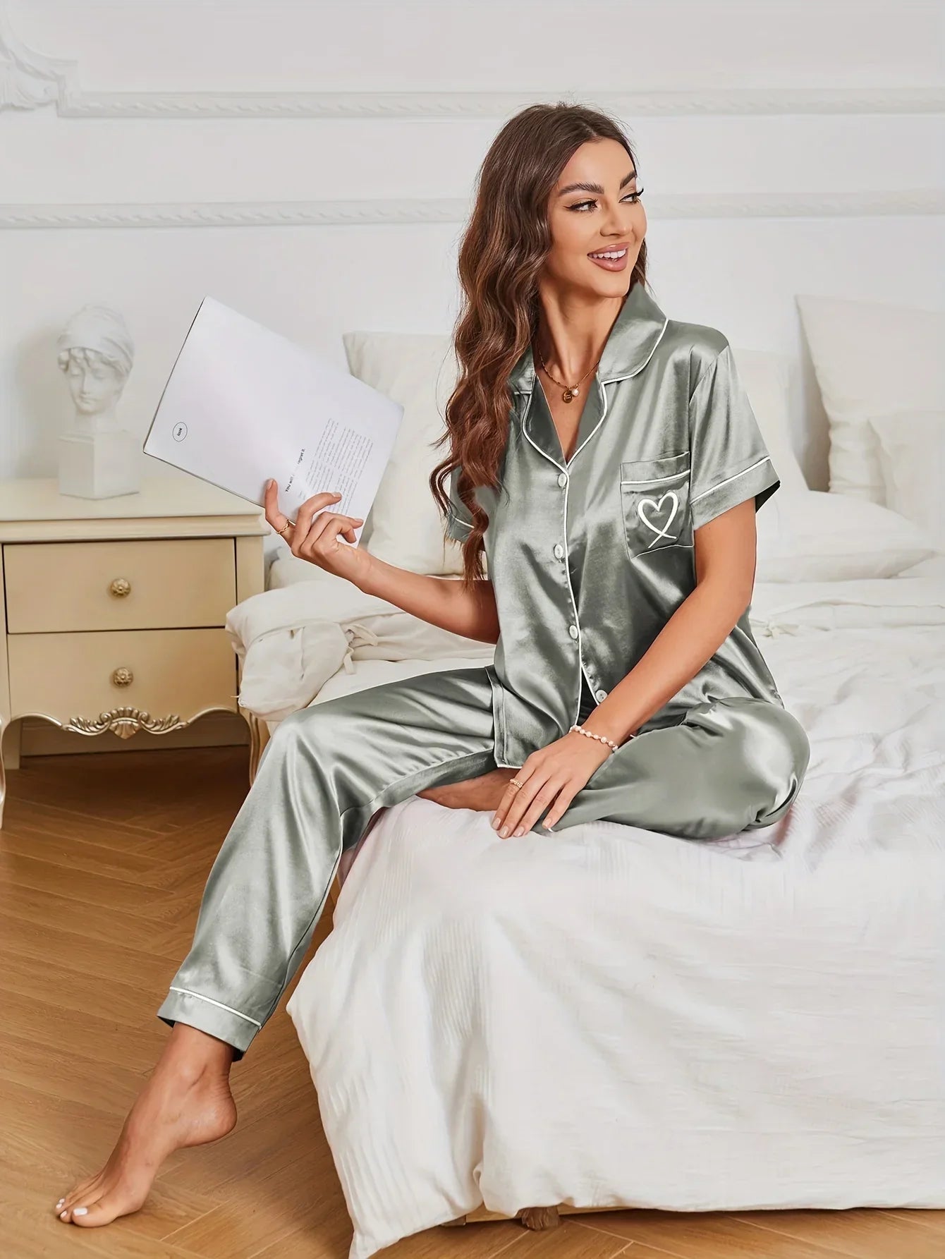 Heart Satin Short Sleeve Pyjama Set