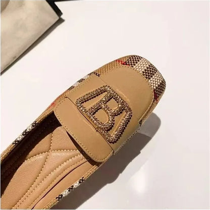 Square Toe Low Heel Hong Kong Style Metal Rhinestone Buckle Flats