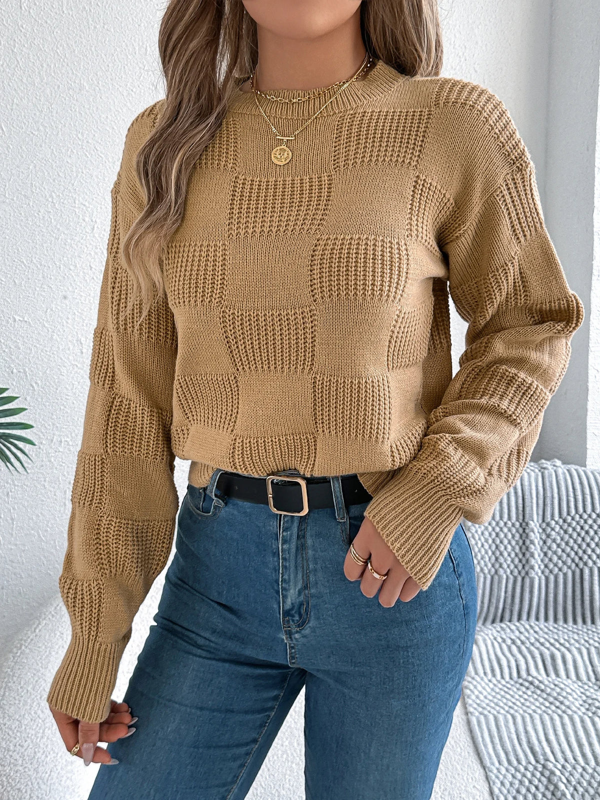 Solid Plaid Round Neck Long Sleeve Knit Cozy Sweaters