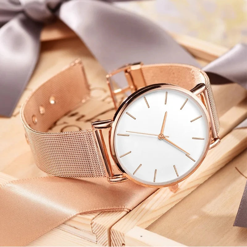 Luxury Metal Mesh Quartz Elegant Rose Gold Wristwatch