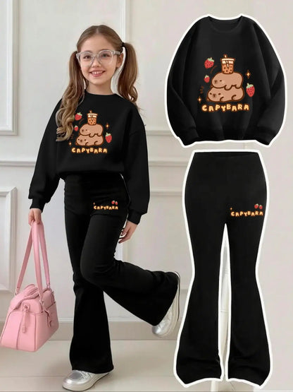 Capybara Milk Tea Sweatshirt and Flared Pants Set