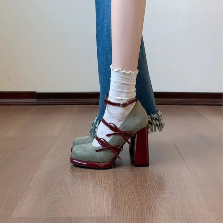 Elegant Bow Chunky Heel Mary Jane High Heels Shoes