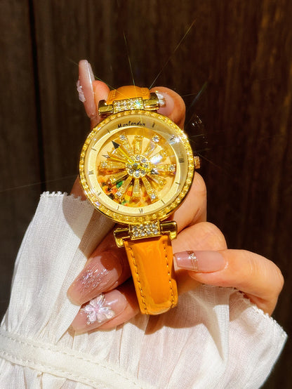 Rhinestones Sunflower Rotating Dial Watch