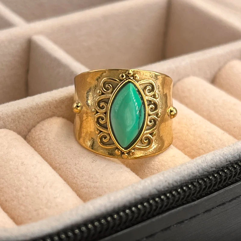 Bohemia Turquoise Natural Stone Wide Open 14K Gold Plated Stainless Steel Ring