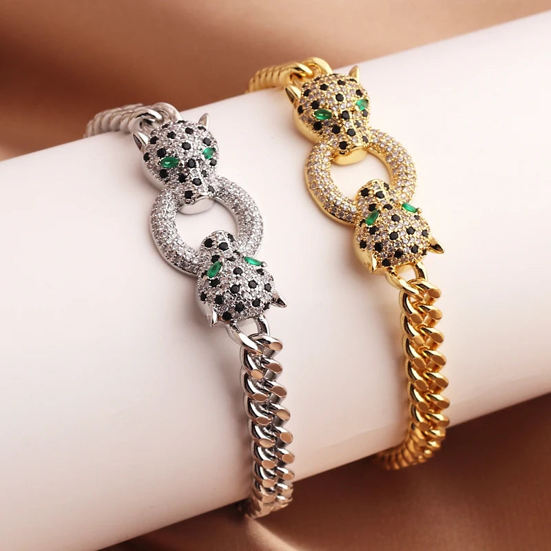 Classic Leopard Green Eye Hip Hop Cuban Chain Black Cubic Zirconia Bracelet