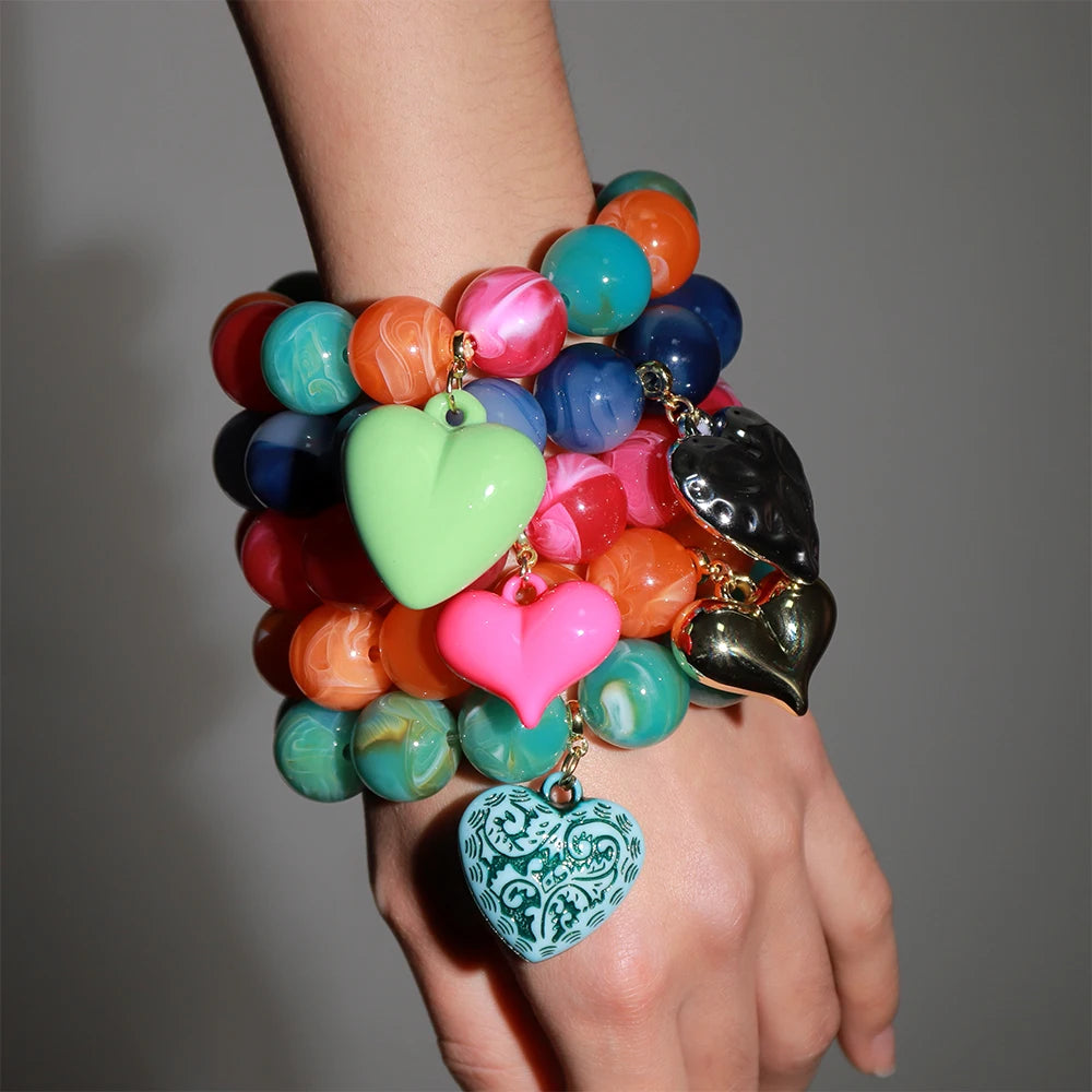 Boho Colorful Round Beads Heart Pendant Elastic Bracelets