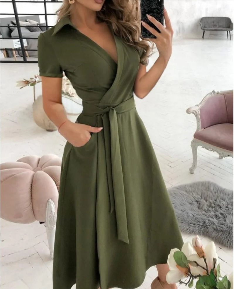 Short Sleeve Wrap V Neck Midi Dress