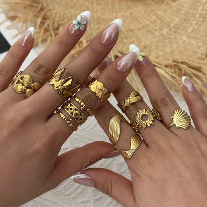 PVD Plated Stainless Steel Open Vintage Sun Leaf Shell Geometric Cuff Ring Set