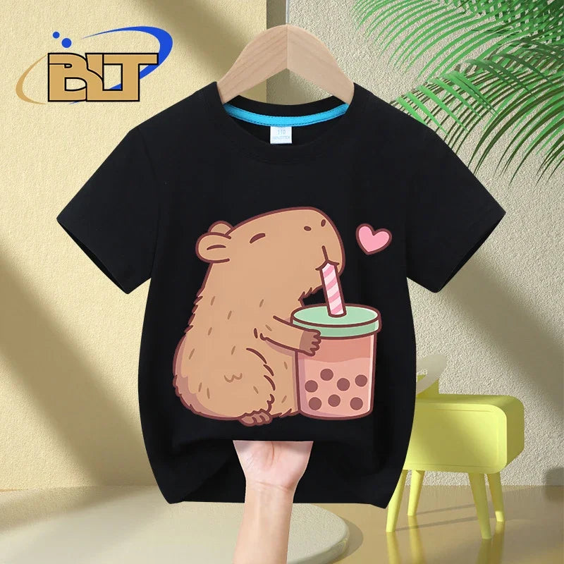 Cute Capybara Loves Bubble Tea print T-Shirt