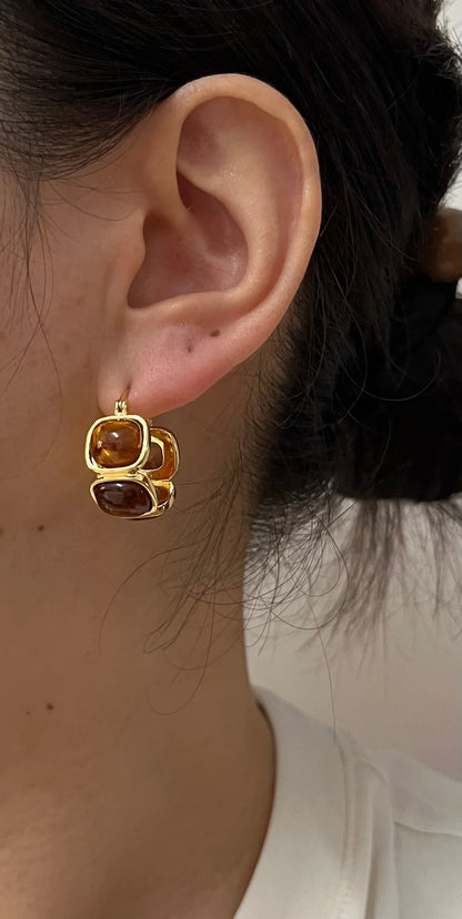 Korean design 14K gold plated round amber resin earrings