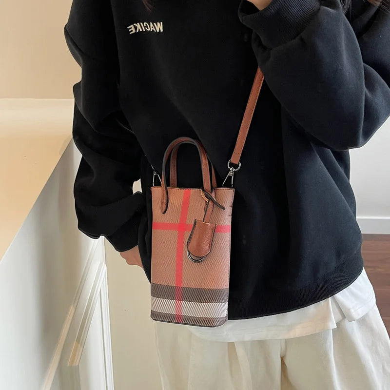 Luxury Mini Bucket Plaid PU Leather Crossbody Bag