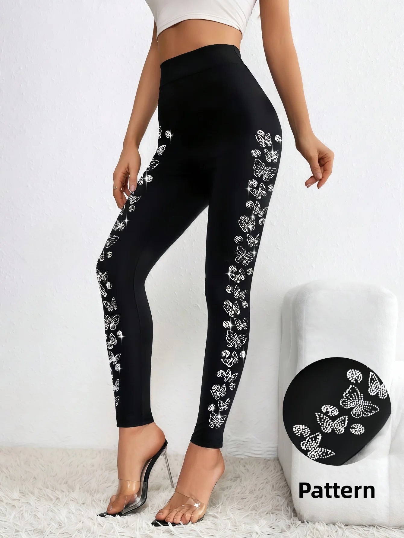 Butterfly Side Design High Waist Sparkling Rhinestone Leggings