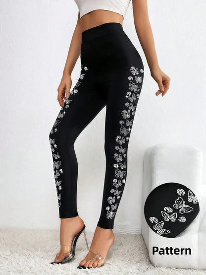 Butterfly Side Design High Waist Sparkling Rhinestone Leggings