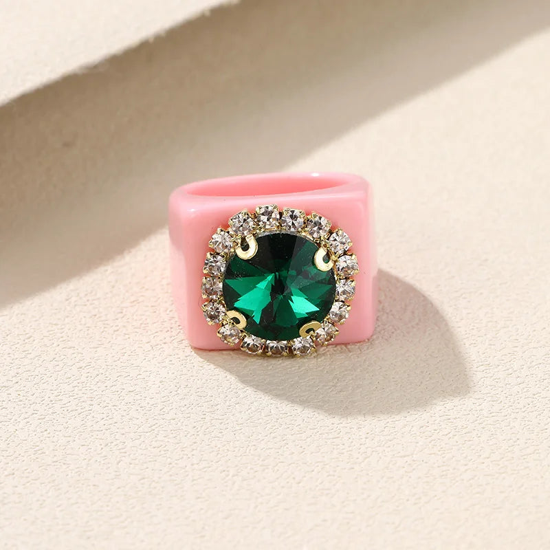 Colorful Rhinestone Geometric Square Large Punk Finger Rings