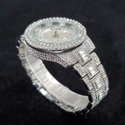 Luxury Diamond Bling Iced Hip Hop Golden Stainless Steel Quartz Watch