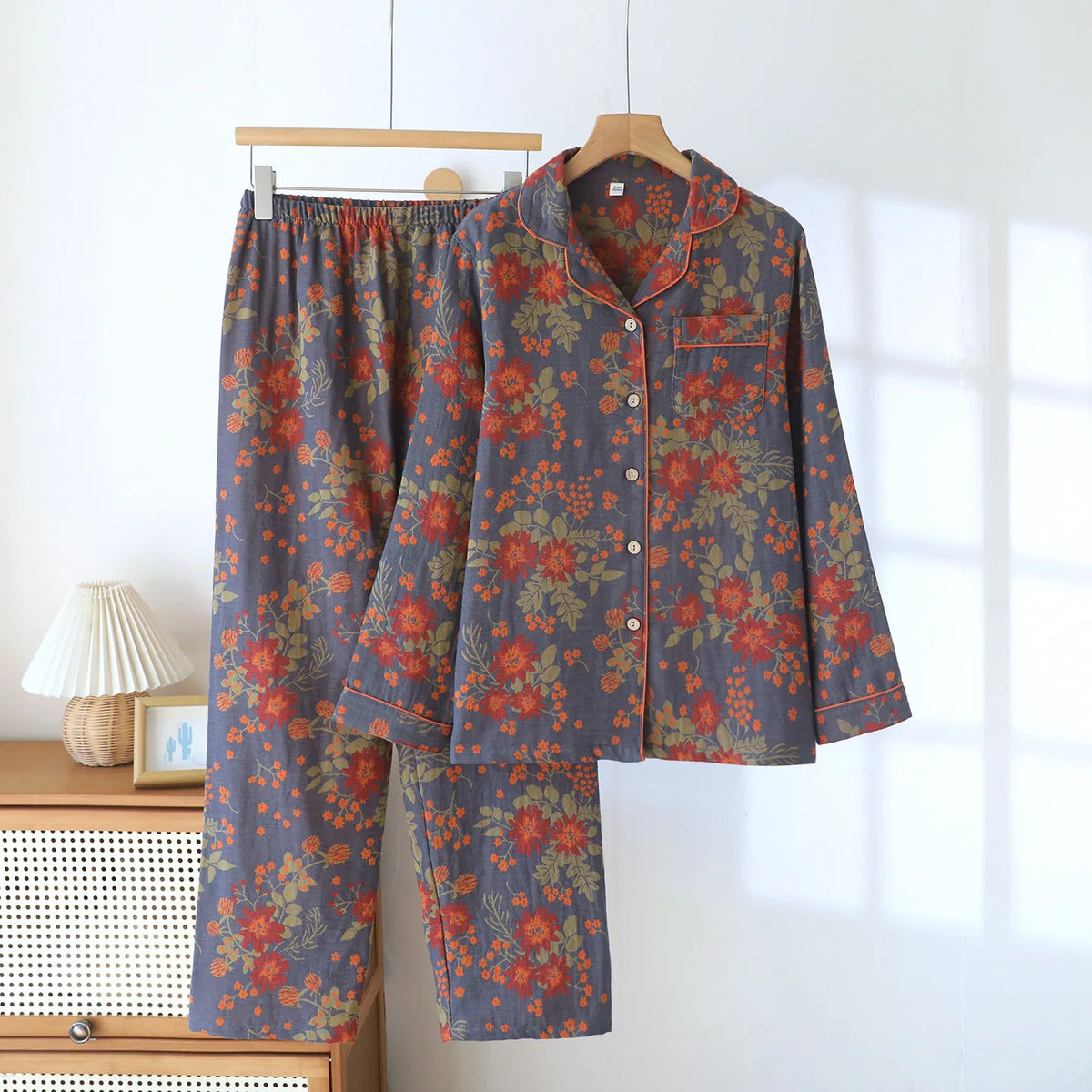Suit Long-sleeved Trousers 100% Cotton Crepe Flower Leaves Pajama Sets