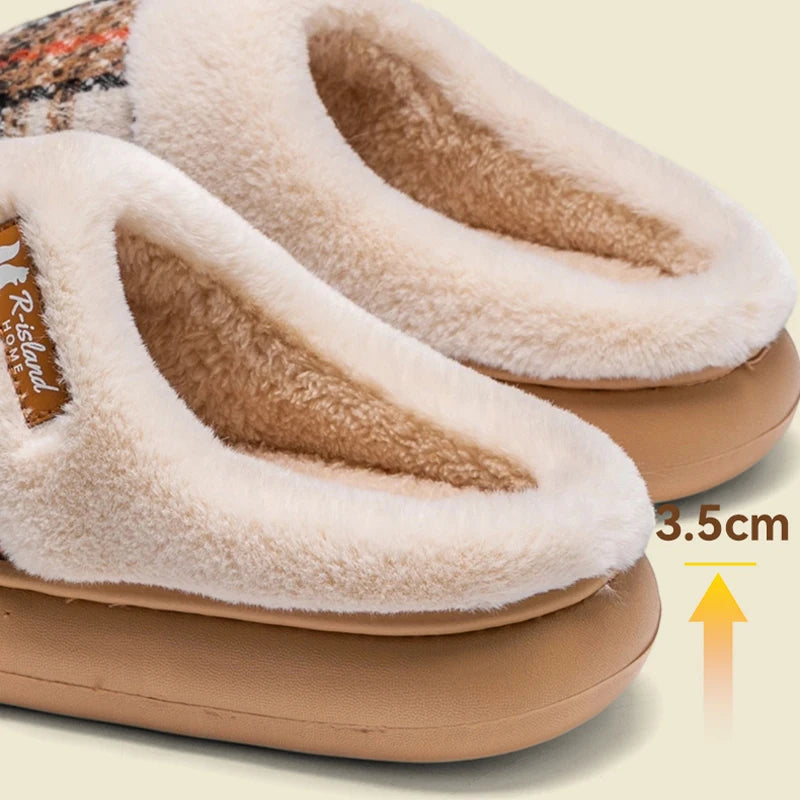 Winter Warm Fur Stripe Non Slip Comfort Flat Heel Slippers