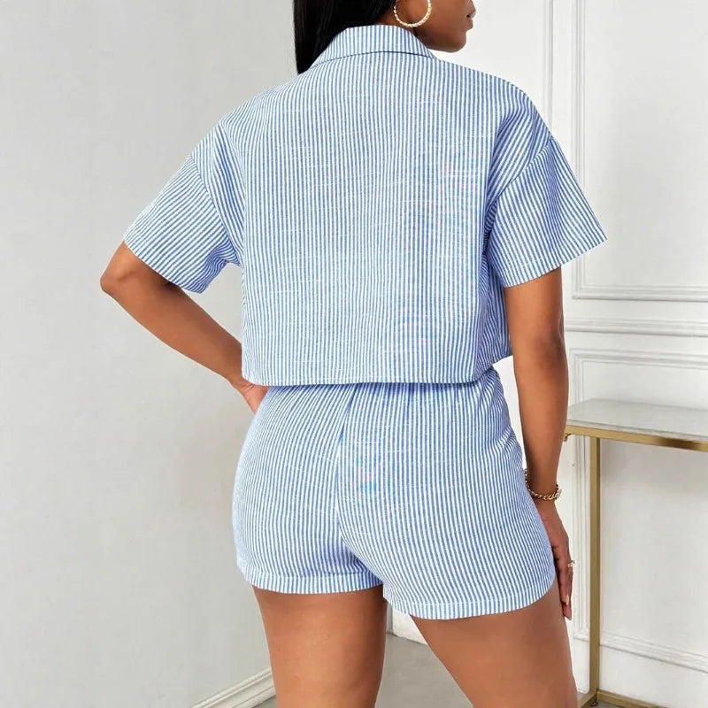Striped Shirt Short Sleeve Shorts Set