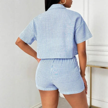 Striped Shirt Short Sleeve Shorts Set