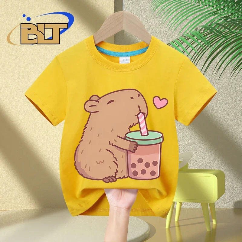 Cute Capybara Loves Bubble Tea print T-Shirt