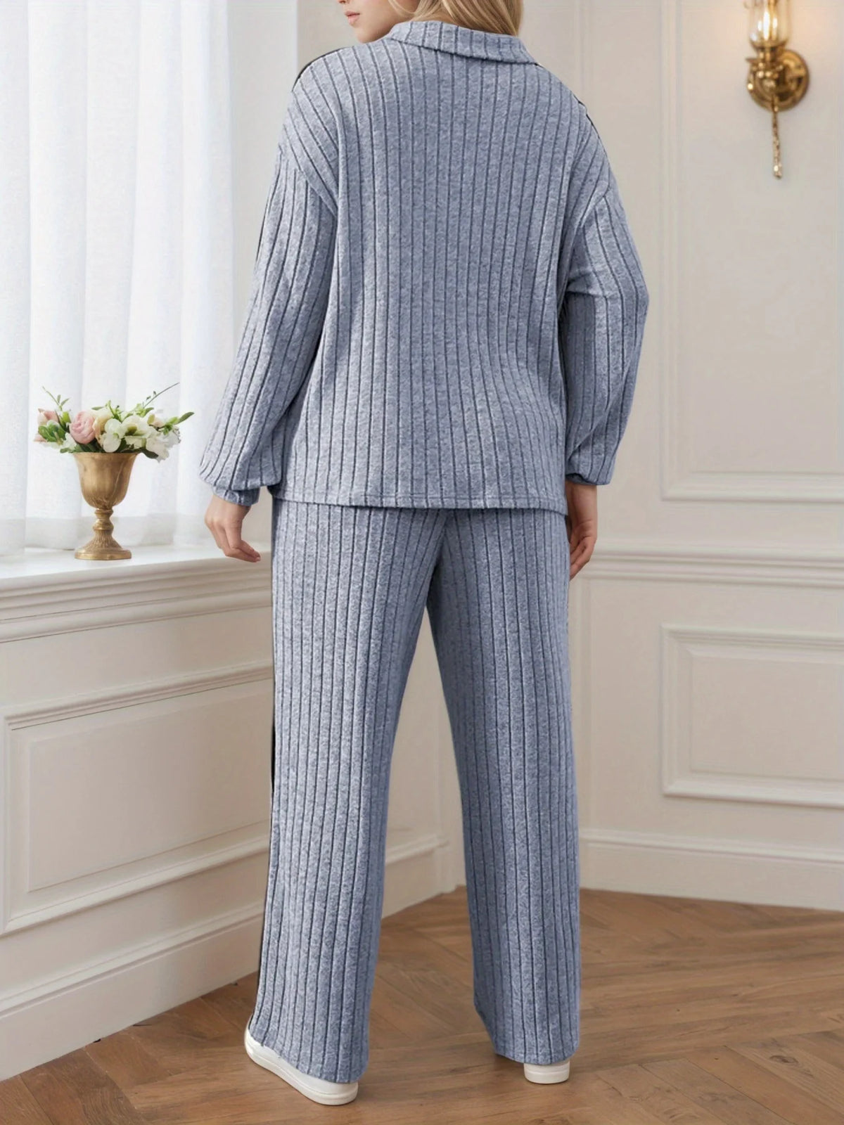 Elegant Casual Zipper Collar Long-Sleeve Top & Wide-Leg Pants Set