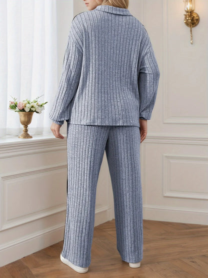 Elegant Casual Zipper Collar Long-Sleeve Top & Wide-Leg Pants Set