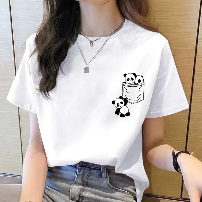 Short Sleeve Top Panda Cartoon Printed T-shirt