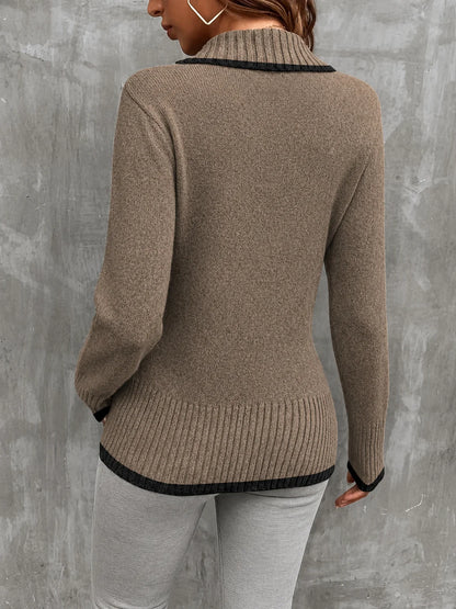 Color Blocking V-Neck Commuter Style Buttoned Long-Sleeved Knit Sweater
