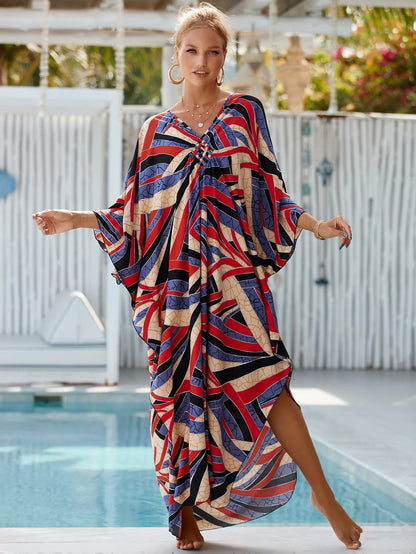 Plus Size Animal Print V-Neck Batwing Kaftan Beach Dress
