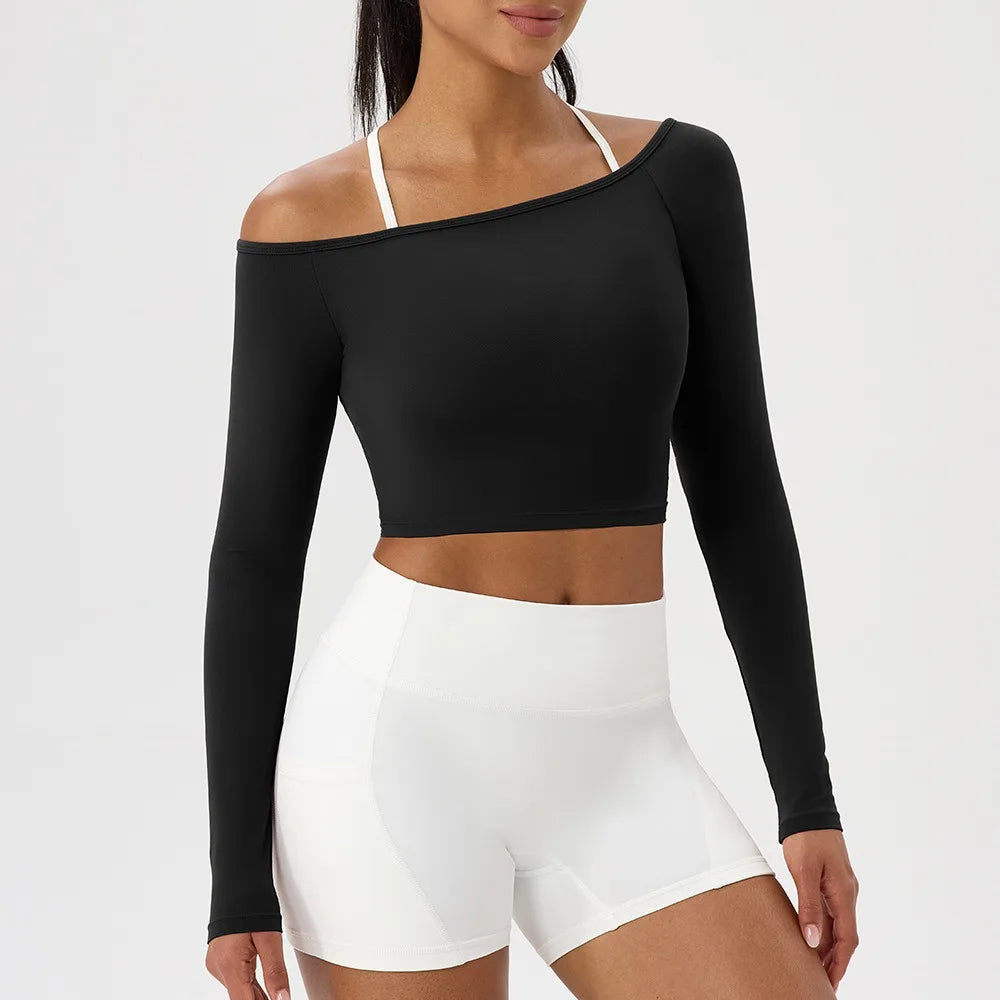 Sexy Off Shoulder Yoga Top Long Sleeve Gym Running Shirt
