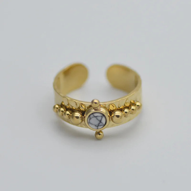 Creative Gold Plated Stainless Steel Simple Geometric Round Natural Stone Ring