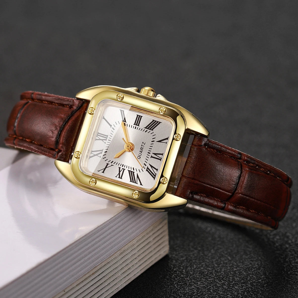 Square Leather Strap Roma Dial Quartz Watch